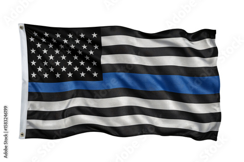 Thin Blue Line flag waving, studio shot, black background, law enforcement support