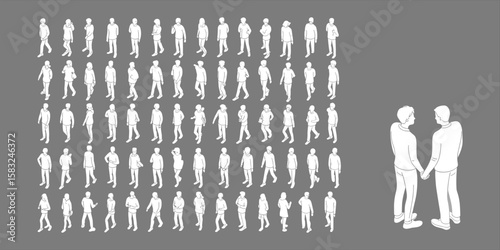 People walking vector, top view pedestrian silhouettes, isometric character design, urban street crowd, male female figures, outline white graphics, city planning illustration