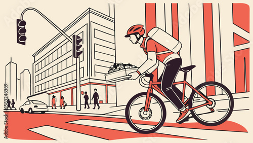 Delivery cyclist with food in city street with buildings and pedestrians in a stylized illustration
