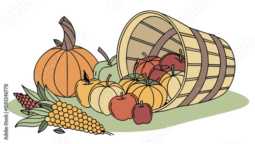 Illustration of a harvest basket overflowing with pumpkins apples and corn on the cob on ground
