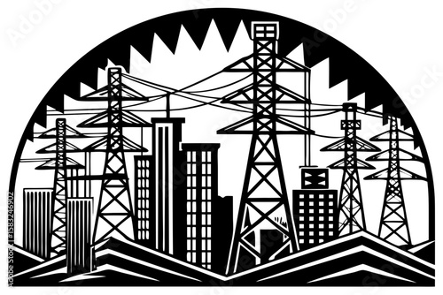  Energy Infrastructure Silhouette: A striking silhouette of high-voltage power lines and supporting infrastructure, representing the backbone of modern electrical distribution.