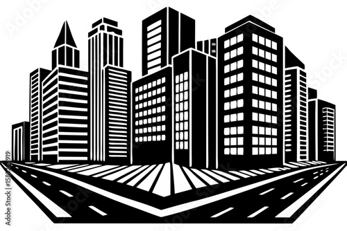 Modern city skyline with a road perspective silhouette isolated on transparent background