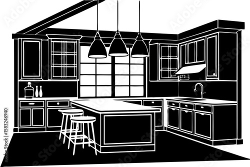 Modern kitchen interior with island and pendant lights silhouette isolated on transparent background