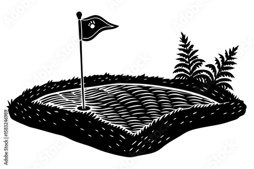 Golf green with flagstick and hole silhouette isolated on transparent background
