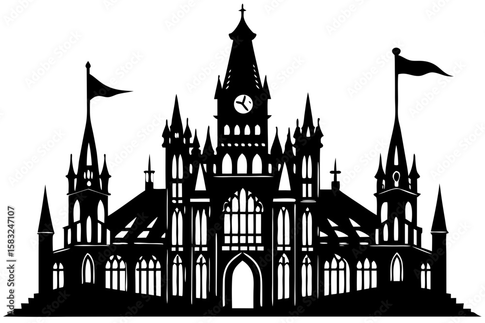 Fototapeta premium A black and white silhouette illustration of a large Gothic style building with a central clock tower, multiple spires, and a flag on top