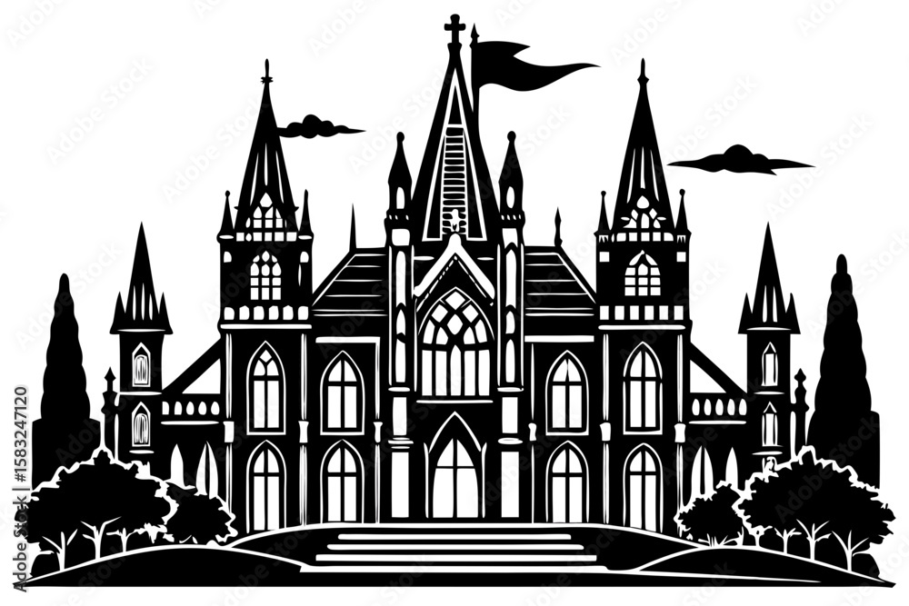 Fototapeta premium Gothic cathedral architectural sketch silhouette isolated on transparent background