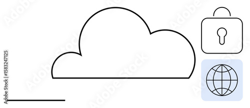 Cloud outline with lock and globe representing safe cloud storage, internet security, and global data access. Ideal for technology, privacy, cybersecurity, cloud storage, global networking, remote