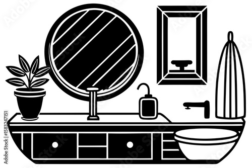 A black and white silhouette illustration of a contemporary kitchen with an island counter, a sink, hanging pendant lights, upper and lower cabinets, a window with multiple panes, and a stool