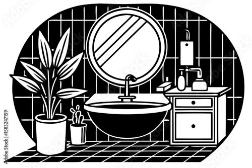 A black and white silhouette illustration of a contemporary kitchen with an island counter, a sink, hanging pendant lights, upper and lower cabinets, a window with multiple panes, and a stool