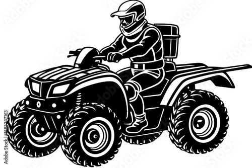 A black and white silhouette illustration of a person riding an all-terrain vehicle (ATV) with large tires, wearing a helmet and protective gear