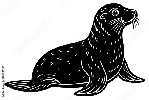 A black and white silhouette illustration of a seal sitting on the ground with a visible face and flippers