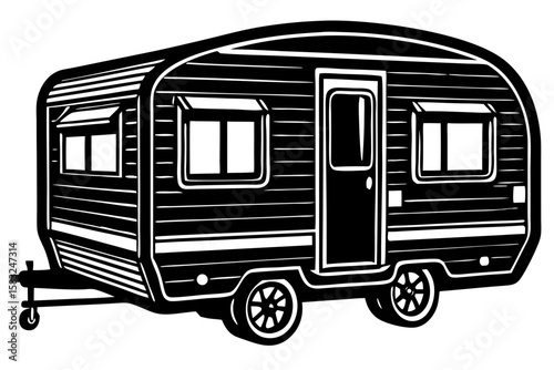 Vintage Travel Trailer Illustration: A vintage travel trailer, depicted in a clean black and white illustration, evokes a sense of wanderlust and the open road.