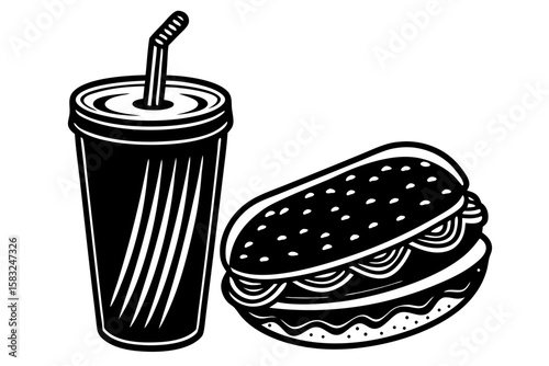 Classic Diner Delight: A stylized illustration of a refreshing beverage and a hearty sandwich evokes a sense of nostalgia and satisfaction. This graphic is perfect for any menu or culinary project.