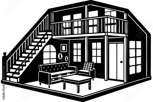 Cozy Interior Design: An artistic representation of a cozy home interior, showcasing a two-story layout with a staircase, balcony, and well-appointed furniture in a striking grayscale style.