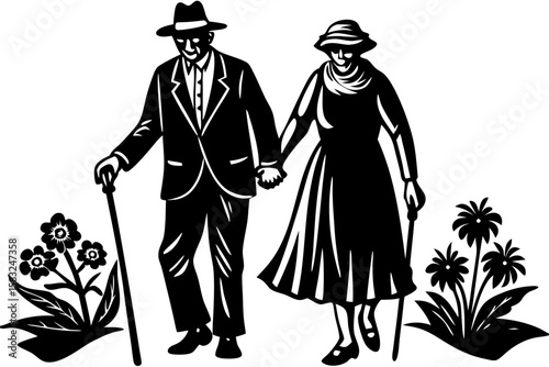 Love's Enduring Path: An elderly couple, hand in hand, embarks on a journey of shared life, walking together toward an unknown future. A touching monochrome depiction of companionship, strength.