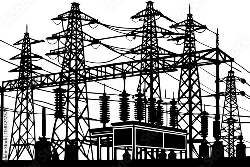 Energy Infrastructure Silhouette: A striking silhouette of high-voltage power lines and supporting infrastructure, representing the backbone of modern electrical distribution.