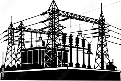 Power Grid Silhouette: Striking silhouette of a high-voltage power grid, with intricate metal structures and transmission lines. A graphic depiction of infrastructure, industry, and energy supply. 