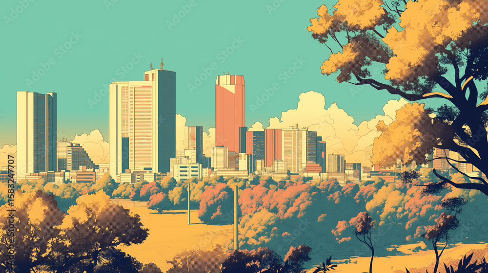 Fototapeta premium 80年代風アニメ調で描かれた都会の朝の風景｜目覚めの光が差し込む高層ビルと清々しい青空が調和する、懐かしくて心地よいノスタルジックなレトロシティイラスト