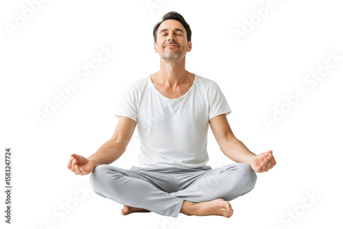 Peaceful man in comfortable clothing meditating in a lotus pose with eyes closed