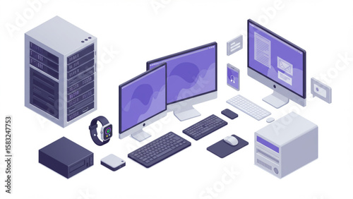 Isometric illustration of diverse computing and network devices including server, workstations, and smart devices, ideal for tech blogs, website heade
