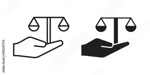 Justice scales in Hand icon in flat and liner trendy style for app ui designs