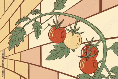 Illustration of a tomato plant with red and yellow tomatoes growing against a brick wall backdrop