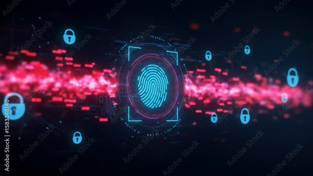 Cyber Fingerprint Scan, Padlocks securing system with glitching data background for Identification