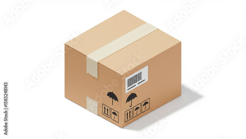 3D illustration of a brown cardboard shipping box with tape, barcode, and handling symbols, ideal for e-commerce, logistics, delivery websites, and br