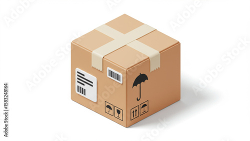 3D Rendered Cardboard Delivery Box with Shipping Labels and Barcode Isolated on White Background, Ideal for E-commerce, Logistics, and Retail Website 
