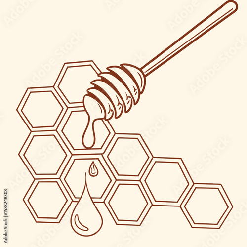 Illustration of honey dripping from a dipper onto a honeycomb structure with brown outlines and beige fill