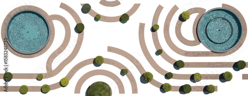 Top view urban park design, circular water features, curved walking paths, modern landscape layout, symmetrical park plan, aerial garden architecture, minimal tree arrangement, fountain layout