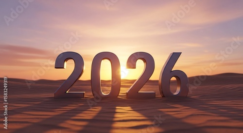 Large metallic numbers representing the year 2026 stand in a desert landscape at sunset.