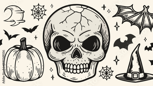 Halloween themed illustration with skull, pumpkin, bat, moon, spiderweb and witch hat elements