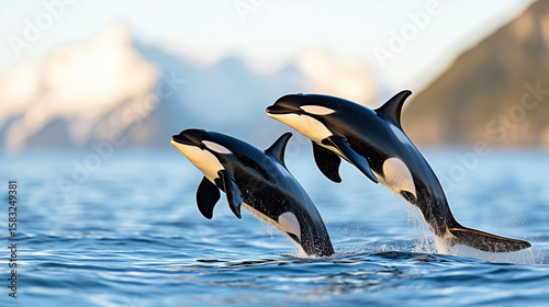 Realistic photo of a pod of orcas hunting together with black and white bodies cutting through waves in coordinated formation.