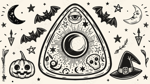 Aesthetic halloween composition with planchette, bats, moon, stars, pumpkin and witch hat elements