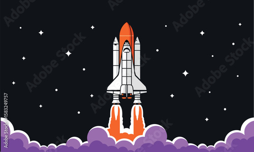 Space Shuttle Launch Vector Illustration: Rocket Taking Off into Starry Night Sky, Outer Space Exploration, Technology, Mission, Ambition.