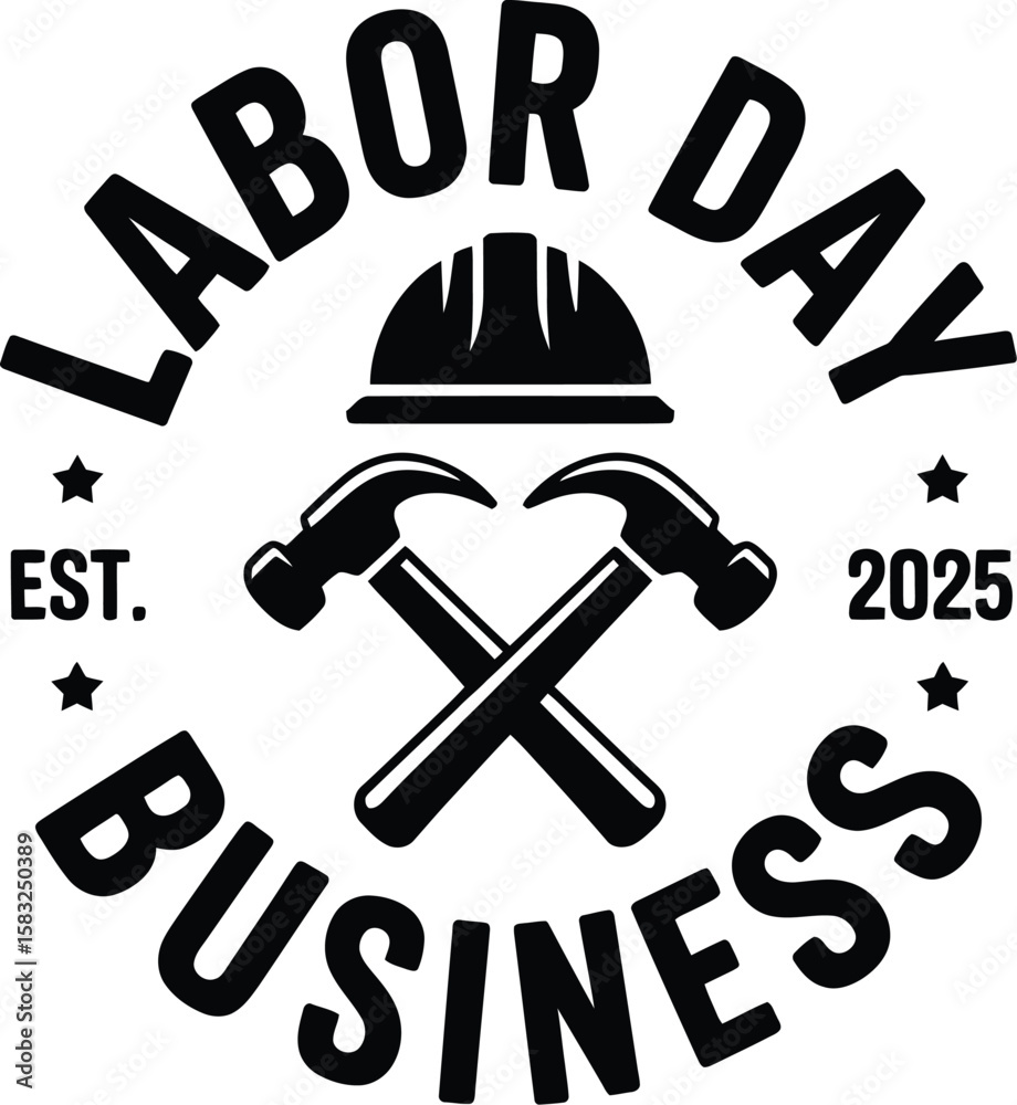 Labor Day Business Logo with Crossed Hammers and Hard Hat Established in 2025 Black and White Vector Illustration for Construction Trades and Skilled Workers Celebrations