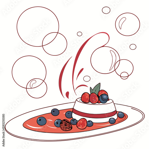 Illustration of a panna cotta dessert topped with berries and surrounded by abstract circles and swirls