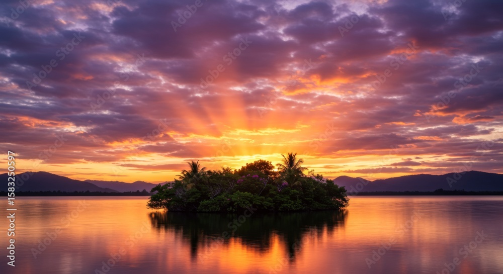 Fototapeta premium Vibrant Sunset over Calm Water with Island Silhouette