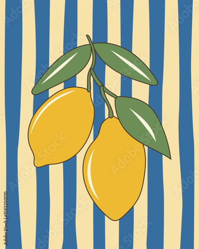 Fresh Lemon Fruit. Lime Citrus in Amalfi Style Graphic Illustration. Positive, Vibrant and Happy Outline Art. Mediterranean Summer Travel and Resort Rest Theme. Retro Vintage Poster Background Print 