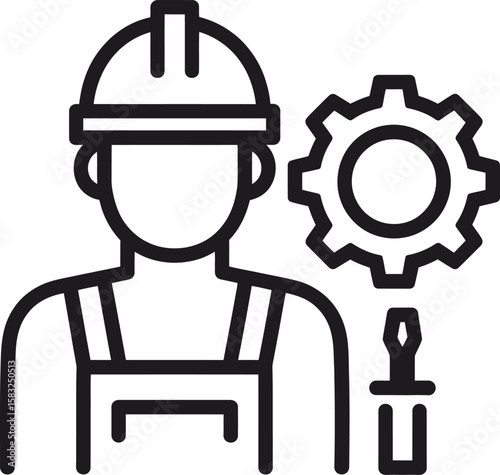 Line art illustration of a construction worker wearing a hard hat and overalls next to a gear and a screwdriver representing maintenance repair or engineering