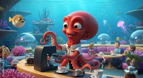 Cartoon octopus barista in an underwater cafe, serving coffee to sea creature patrons.