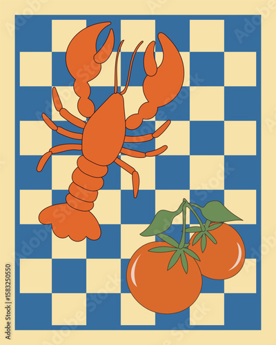 Lobster Seafood Animal Retro Style Poster. Mediterranean Food Amalfi Vintage Art Style. Cafe Restaurant Menu Page Illustration. Cartoon Vibrant Summer Resort Vacation Holiday Advertising Flyer Card 
