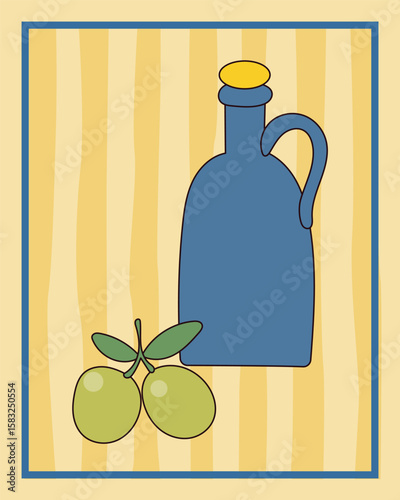 Olive and Olive Oil Bottle. Retro Amalfi Mediterranean Style Poster.  Cafe Restaurant Menu Page Illustration. Cartoon Vibrant Summer Resort Vacation Holiday Advertising Flyer Card