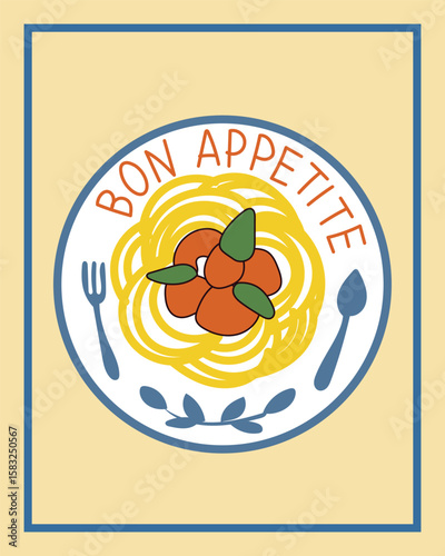 Pasty Bon Appetite Spaghetti Italian Food. Retro Amalfi Mediterranean Style Poster.  Cafe Restaurant Menu Page Illustration. Cartoon Vibrant Summer Resort Vacation Holiday Advertising Flyer Card