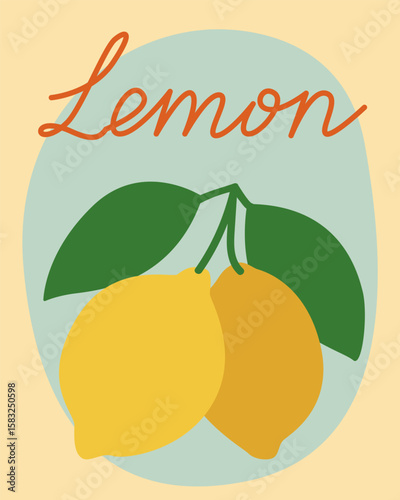 Fresh Lemon Fruit. Lime Citrus in Amalfi Style Graphic Illustration. Mediterranean Summer Travel and Resort Rest Theme. Retro Vintage Poster Background Print. Tourism Agency card Invitation 