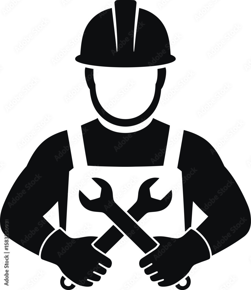Obraz premium Silhouette of a construction worker or mechanic wearing a hard hat and overalls holding crossed wrenches isolated on a white background vector illustration for design