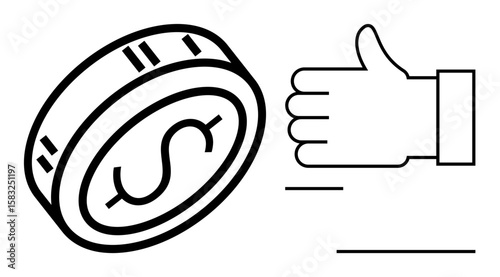 Hand giving a thumbs-up beside a dollar coin suggesting approval. Ideal for finance, success, investment, economy, business, money management, savings. Great for a simple landing page