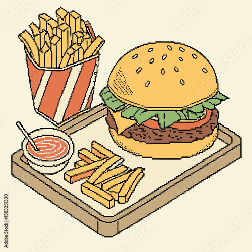 Pixelated burger with fries and ketchup on a tray in isometric view showing fast food meal design