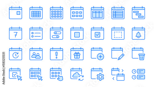 Calendar line icon set. Month view, agenda, event editing, reminders, sync minimal vector illustrations. Simple outline signs for planners and scheduling. Blue color. Editable Stroke